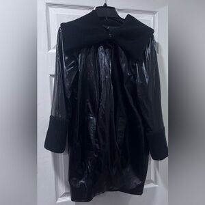 Anne Klein Black Vegan Leather Overcoat, single button with Ribbed Collar/Cuffs